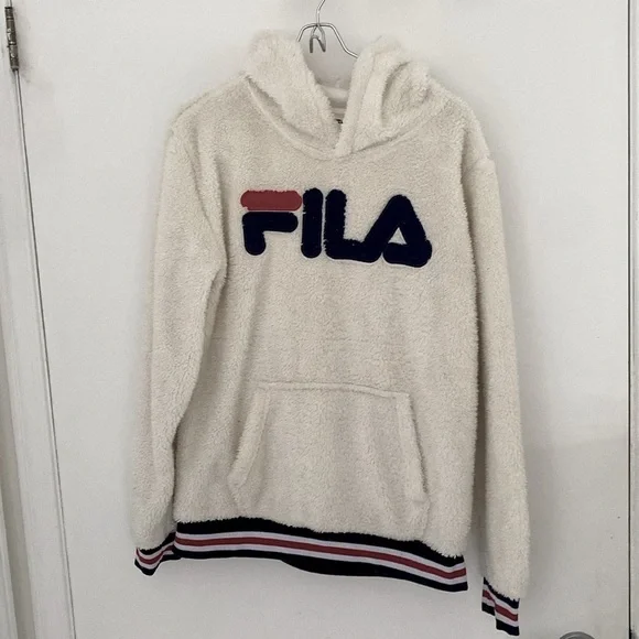 FILA Long sleeved Cream & Navy Fleece Teddy Bear Hoodie Girls size 14/16 X-Large - Picture 4 of 13